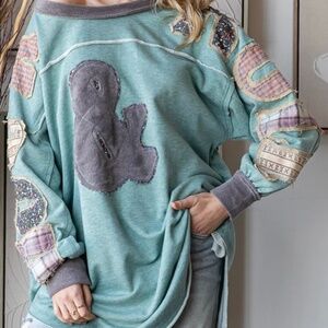 296 NWOT Oli & Hali Rock & Roll Patchwork Long Sleeve W/Pockets Sweatshirt